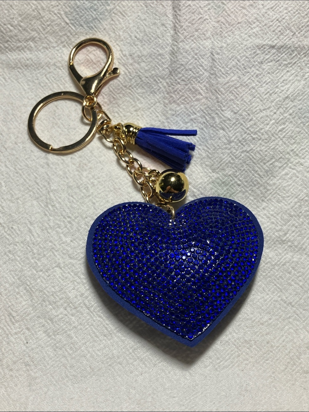 Gold Chain Blue Crystal Heart Keychain/ Bag Charm with Tassel
